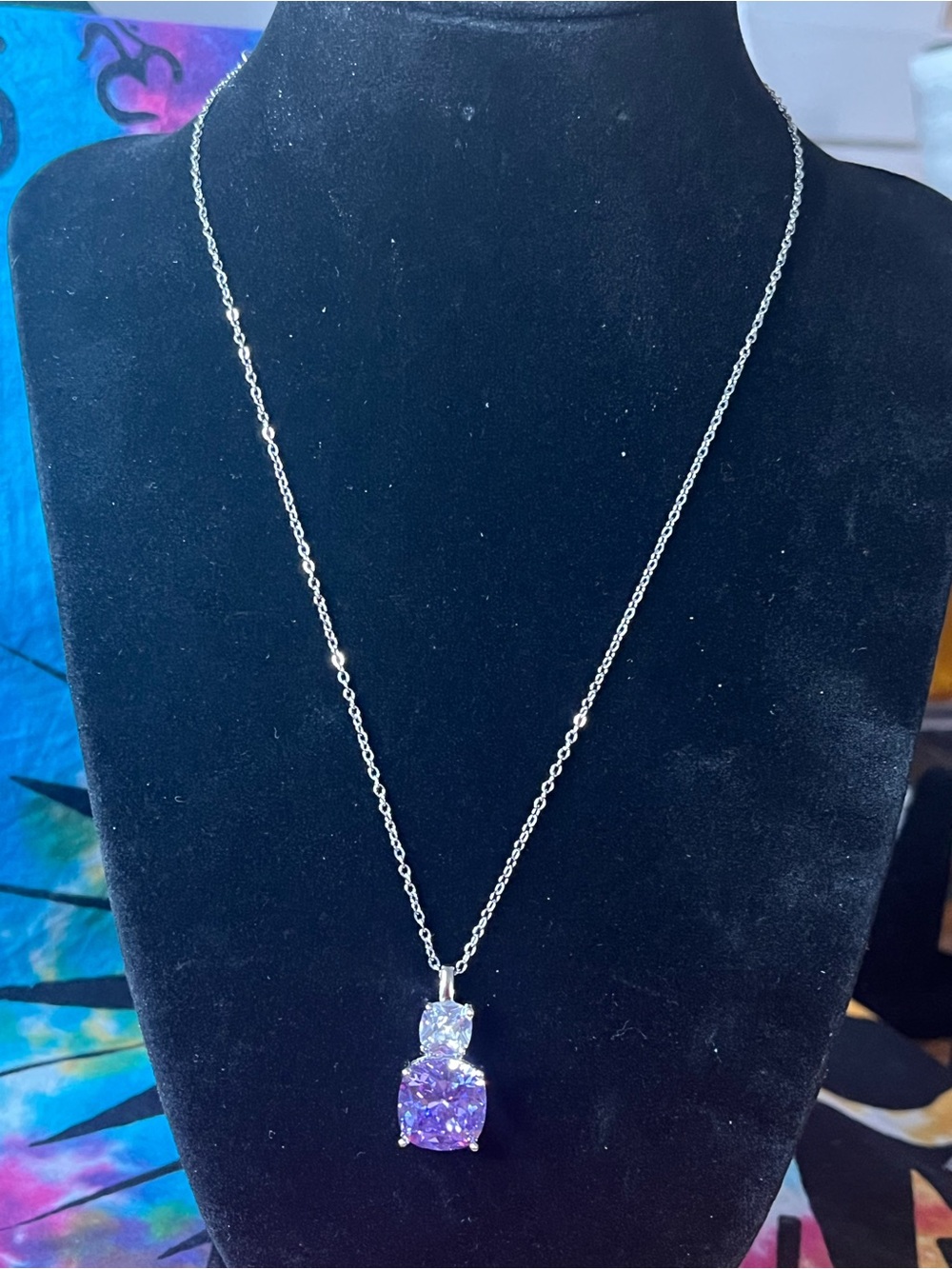 Purple & Clear Cushion-Cut Pendant Necklace | 925 | 18”